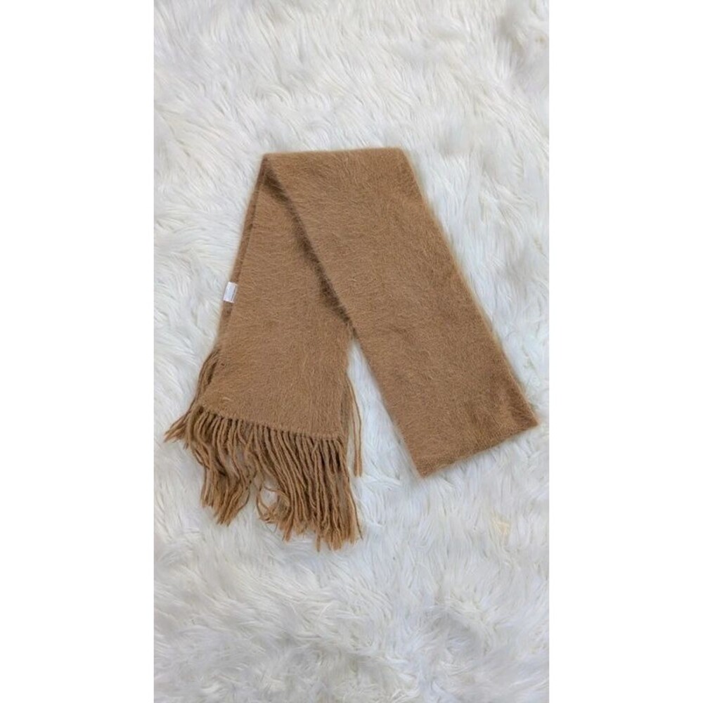 Vintage Angora Rabbit Hair Knit Scarf Tan Long Fringe Warm Winter Layering